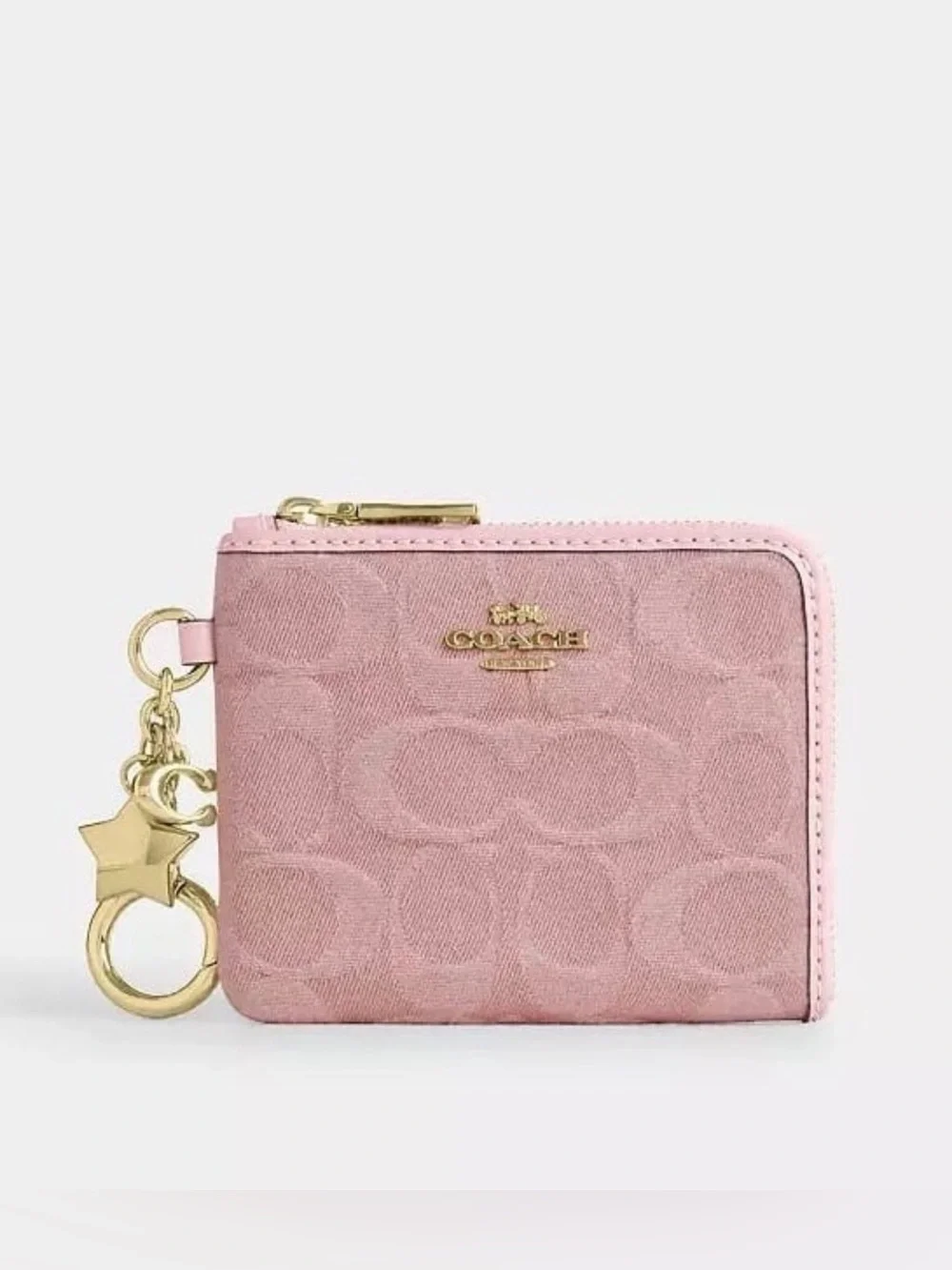 Coach Small Corner Zip Wallet with Charms in Gold/Light Pink Signature Denim NWT